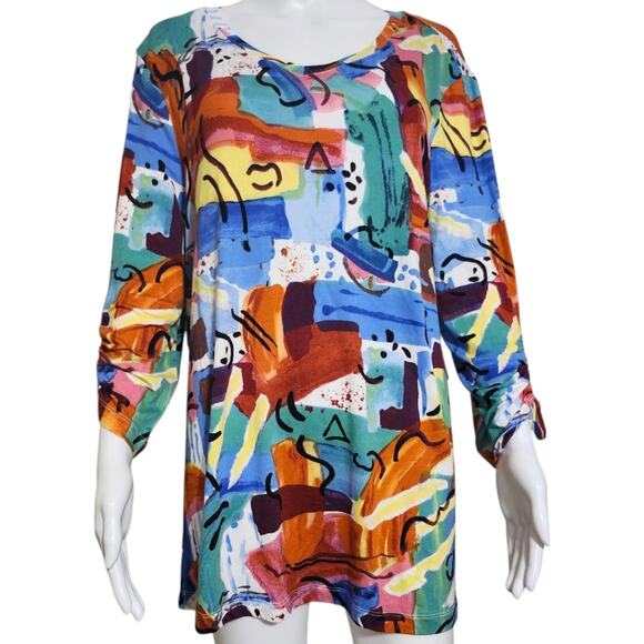 Ali Miles Womens Large Stretchy Top 3/4 Cinch Sleeve Art To‎ Wear Artsy Abstract - Picture 6 of 7